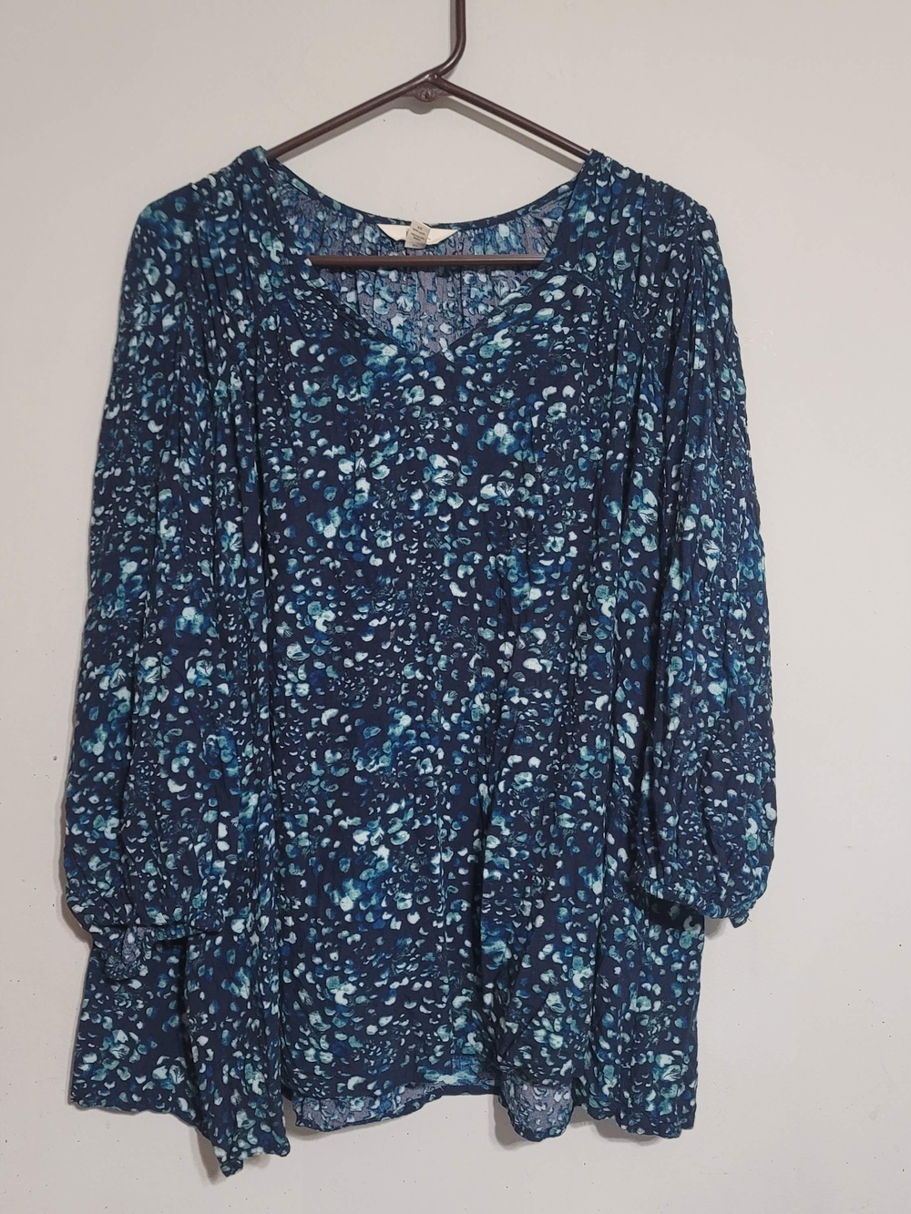 Womens Terra & Sky Plus Blue Boho Top Sz 2X Balloon Sleeve Floral V Neck Prairie - Picture 2 of 4